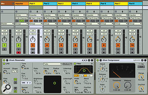 2: Each Impulse pad’s audio output is routed to a  separate audio track in the track group named Mix. Use clips or the input to the Impulse track to play Impulse and use the audio tracks to mix and apply effects to each pad.