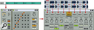 3: A  two–bar drum loop is segmented into quarter–note clips, which are then inserted in Impulse pads. Trigger the pads manually from MIDI sequences or using Random and Scale MIDI effects as shown at the left.