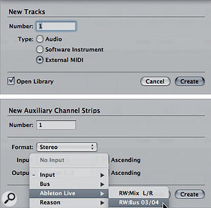 4: Use the Track drop-down menu to create an External MIDI track for routing MIDI from Logic to Live (top). Use the Mixer's Options drop-down menu to create an Auxiliary Channel Strip for routing Live's audio back to Logic (bottom).