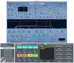 Screen 2: Eight controls from an Aalto patch are mapped to Macro knobs in an Instrument Rack. Individual Instrument Racks are then saved as different presets for that modular patch.