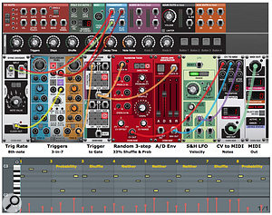 Screen 3: The Euclidean Duel module steps the Random Task device to generate three‑note sequences while randomly changing the notes or note order. The output is captured in a Live MIDI clip (bottom).