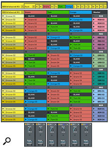 Screen 2: Snare (red), tom (green) and conga (blue) MIDI clips are extracted from five Groove Clips in the Drum Essentials 808 Aristocrat Kit. Each track re–routes all pitches to its instrument using the pair of Pitch Effects shown at the  bottom.