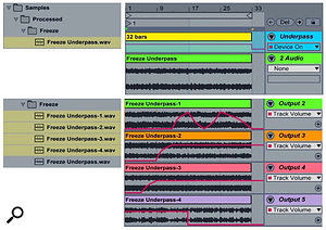 Screen 2: An empty 32-bar MIDI clip in the Arrangement is used to Freeze the output of the Cloudlab ‘Underpass’ Snapshot (top). The same MIDI clip is used to Freeze the single-output versions shown with track volume automation (bottom).