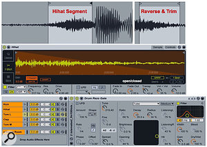 Screen 3: The five kit pieces in the Drum Rack (bottom) use Simplers to play small fragments from speech clips. A sibilant is reversed and trimmed for the hi-hat sound (top) and Simpler’s Fade Out knob allows for closed and open hi-hat sounds.