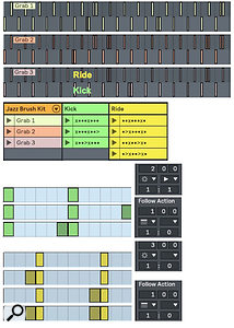 Screen 1: Follow Actions trigger clips that alternate between basic and push‑beat patterns on the kick and ride tracks. The ‘Grab’ clips capture eight‑bar loops for manual editing.