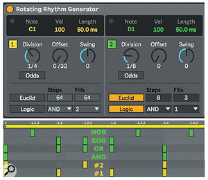 Screen 2: RRG's Euclid and Logic modules provide diverse note distributions along with dependency between note generators.