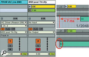 You can use Live’s Track Delay to compensate for latency in both MIDI notes and Control Change messages sent over an internal port using Reason’s External MIDI Instrument. 