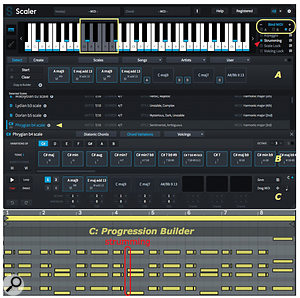 Screen 3: Scaler analyses its MIDI input to assign chords (A) and scales (B). It then generates alternatives from which you can create your own chord progressions (C).