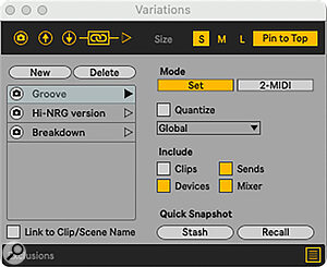 The Variations device looks a lot like Macros but allows you to store multiple snapshots of Ableton’s complete state.