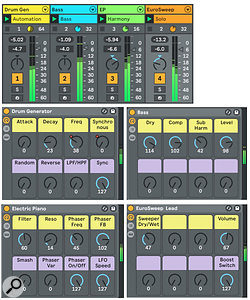 Screen 2: Each of the four tracks in this song holds an instance of the Reason VST instrument plug-in. The drum track again uses Redrum's sequencer, and the rest play MIDI files from their track.