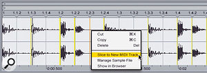 Loops can be beat-sliced and automatically placed into a Drum Rack; MIDI clips are automatically generated for playing back a sliced loop.