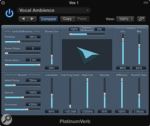 Play with PlatinumVerb’s Balance ER/Reverb slider to adjust the ratio of early reflections to reverb. Try the settings from this screenshot for an ADT-plus-ambience effect on vocals.