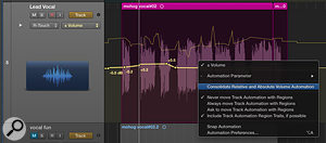 Screen 5: Once you have recorded further volume automation in Relative mode, you can merge that with your existing volume automation by Ctrl-clicking on the automation lane and choosing the ‘Consolidate Relative and Absolute Volume Automation’ option.