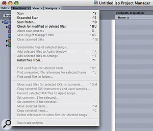 It's good practice to keep Logic's Project Manager up to date. Occasionally it loses the links to the files used inside a project, causing your song to run slowly, or even crash. To rectify the problem, you can trash the preferences from the PM Data folder of Logic's Library and re-scan and reaffirm the links, using the commands in the Project Manager's Functions menu, shown here.