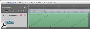 The new Convert Regions to New Sampler Track command enables drum loops to be sliced, converted into an EXS24 instrument, and triggered by a new MIDI region. Here you can see the audio region on the upper track has been converted so that it can be triggered by the MIDI region on the lower track.