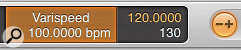 The new Varispeed feature is accessed via the transport bar. The Varispeed display and button, along with the tempo, are indicated in orange when the feature is active.