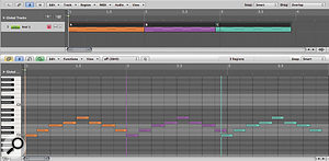 In Logic, quantisation of MIDI regions is always relative to the region start. In this example, Region A (orange) is not quantised, while Region B (purple) and Region C (blue) are both quantised to eighth notes. Region C does not start on beat 1 (it's a 16th–note early), so any quantisation is relative to this point, not the overall bar and beat grid.