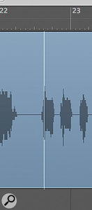 An 'insertion point' created by single‑clicking on an audio region with the marquee tool. Use of the arrow keys gives 'Tab to Transient' selection.