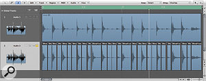 Audio regions can be quantised in the Event List. In this example, a drum loop was split into individual slices using the Strip Silence function, and then the selected regions quantised to 16C.