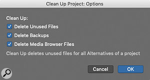 Screen 3: The Clean Up Project dialogue, found under File / Project Management, can help you keep your project folder sizes to a  minimum by deleting unused content.