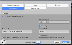 Ticking the Use External Instrument Plug‑in box allows you to define an audio input alongside a MIDI port when using external synths in Logic.