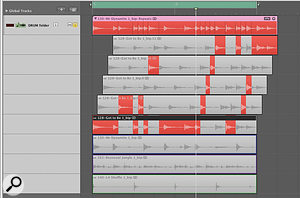 The Five lanes below the Composite track are all the same drum loop delayed in time. Swiping between them allows you to quickly create delay and note-repeat effects. 