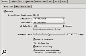 If you're suffering latency problems, you might try lowering your buffer settings. Ideally, the buffer would be lower for recording and higher for mixing, but setting it at 128 is a good start and you might be able to just leave it there. If you start to hear clicks and pops, try moving it up to 256.