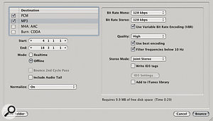 When bouncing your tracks, tick MP3 in the Destination list to create an MP3 file alongside any other format you're creating.