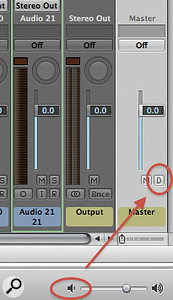 Logic's master fader has a 'Dim' control, shown here as the small 'D' button.