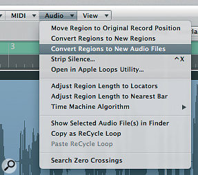 Use 'Convert Regions to New Audio Files' — found in the local Audio menu of the Arrange area — to duplicate your original vocal audio file before carrying out the destructive edits needed to create reverse reverb.