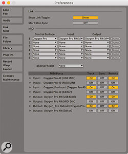 Getting DAW control going relies on configuring the software of your choice to communicate with some or all of the Oxygen Pro’s four virtual USB MIDI ports. This was my setup for Ableton Live: I found I further had to enable some of the Sync options (not documented in M‑Audio’s walkthroughs) to get the arpeggiator to sync to Live’s tempo.