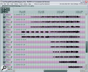 Here are the backing vocal parts as they arrived for Mix Rescue, and if you look at the waveforms you can see why Mike decided to mult them across a greater number of tracks. For example, notice that tracks 29 and 30 belong together to start with, but then at bar 107, track 29 suddenly has more in common with tracks 31 and 32, while track 30 matches track 28 more closely. Editing similar vocal sections to adjacent tracks made it much easier to control each group during the mix's heavily layered final section.