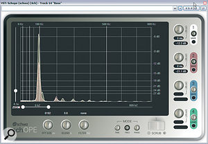 The leftmost of these three frequency plots shows the rough frequency balance of Chris's original bass part, which lacked low‑end power and was also getting lost in the mix. You can see that the pronounced fundamental frequency is quite high (around 100Hz), and there's minimal mid-range energy. The second plot shows the same track, which Mike rebalanced with high‑frequency EQ boosts and multi‑band compression to lift the mid‑frequency energy and make the sound cut through more audibly. A sub‑bass synth was then layered an octave below this for extra low‑end power, and the final frequency plot here shows how the frequency content of that was tailored to only supplement the low end.