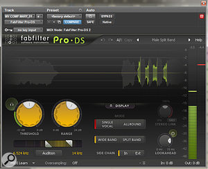 Along with a  little EQ dip at 2kHz, some de-essing with the Fabfilter Pro-DS helped tame some harshness on the vocal.