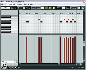 The 'machine‑gun' feel of Ollie's snare fills at the end of the first loud section can be traced to a lack of velocity shaping. Compare his original MIDI part (upper screen) to the edited version used in Mike's remix.