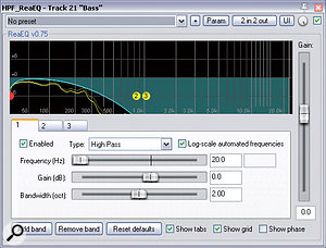 This unusual EQ curve was applied in the final remix to avoid the upper frequencies of a fairly uninteresting bass part from obscuring the more interesting inner details of the piano sound.