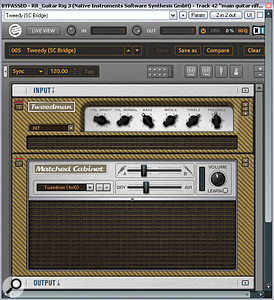 Ollie's main guitar riff sound was built from four takes of DI'd guitar processed with the heavily overdriven settings from Apple Logic's Guitar Amp Pro. To give the sound more edge, Mike mixed in re‑amped versions of the same DI signals, using Native Instruments Guitar Rig 3 (shown) alongside a number of freeware Simul Analog plug‑ins.