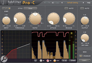 Fabfilter's Pro-C compressor was set up with fast attack and release times to rebalance the snare drum's attack spike against its more characterful release envelope.