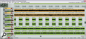 Here you can see some of the ways the guitar sounds were improved for the remix: the original parts (orange regions) were extensively edited for pitching and timing in the arrange page; some additional guitar layers were added from Nine Volt Audio's Big Bad Guitars library (green regions) to thicken and dry out the sound; and parallel distortion was added from Mokafix's freeware NoAmp plug‑in.