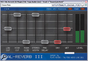 Mike created a stereo gated reverb patch from first principles to widen the snare's image in the mix. The raw reverb was generated by Togu Audio Line's TAL-Reverb III, but this was heavily processed with Cockos ReaComp and ReaGate to reach the required short dense burst of reflections.