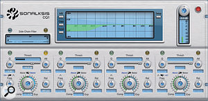 This dynamic EQ setting from Sonalksis CQ1 was used on the floor-tom close mic to reduce sympathetic ringing at low frequencies in response to kick-drum hits.