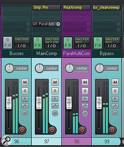 These screenshots show the bus-processing scheme Mike used for this track: a main mix channel with full-band compression/EQ from URS Console Strip Pro; a parallel channel with heavy five-band dynamics from Reaper's ReaEQ; and a 'bypass' channel filtered with Brainworx bx_cleansweep to feed some of the kick-drum's low end past Console Strip Pro to the master outputs.