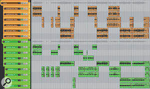 This screenshot shows the full arrangement of the acoustic guitars in Mike's final remix. The orange tracks contain sections of the original recordings, multed to allow different effects-send amounts for the verses and choruses. Below these, the green tracks are those Joe Lonsdale added to fill out the mix sound and introduce some extra performance variety.