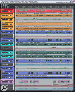 About 50 percent of the work involved with this mix was automation, and you can see the majority of that data in this screenshot. Notice that send levels were also tweaked dynamically in some cases, not just faders.