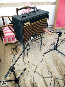 Two mics were used on each guitar amp. Here, the Vox AC15 is miked with a Sennheiser MD409 dynamic and an RCA BK5B cardioid ribbon mic.