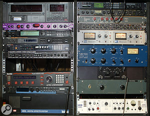 More of the rackmount gear at Awira Sound. From top left: Alesis HD24 multitrack recorder, Line 6 Filter Pro, Alesis Quadraverb, Roland SDE330 and SDE3000, TC 1210 Spatial Expander, Eventide H3000, Lexicon PCM80 reverb; TC Fireworx multi–effects, Electrospace Spanner auto–pan, Furman RV1 reverb, Drawmer DS201, Urei LA4, Tube–Tech CL1B compressor, Pultec HLF3C EQ and TL Audio 5060 compressor.