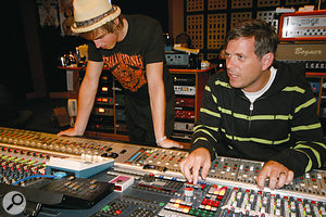 Producer Jason Perry (right) at the Neve 88R desk in Sydney's Studio 301 with singer/guitarist/pianist Tom Fletcher.