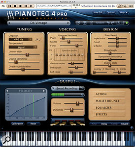 Pianoteq 4 Pro in its stand-alone version, with most of the main sound parameters exposed for editing.