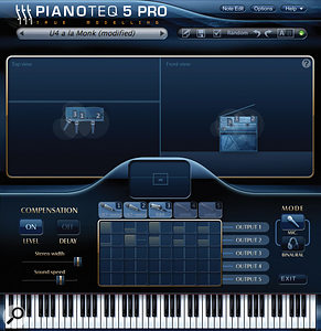 Pianoteq’s virtual miking system has been supercharged for version 5. Now there are specific mic models, with varying directional characteristics. In the interface for miking the U4 upright piano, shown here, you even get to adjust the position of a  virtual wall — the horizontal line shown in the left-hand plan view.