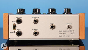 The KRP1's rear panel, featuring footpedal inputs for amount and rate, two quarter‑inch outputs, a single quarter‑inch input and a socket for the external PSU.